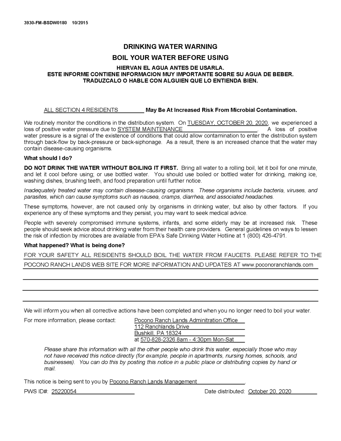 Boil Water Advisory 10/20/2020 Pocono Ranch Lands